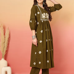 Women Cotton Olive Green Embroidery Anarkali Kurta with Trouser & Dupatta