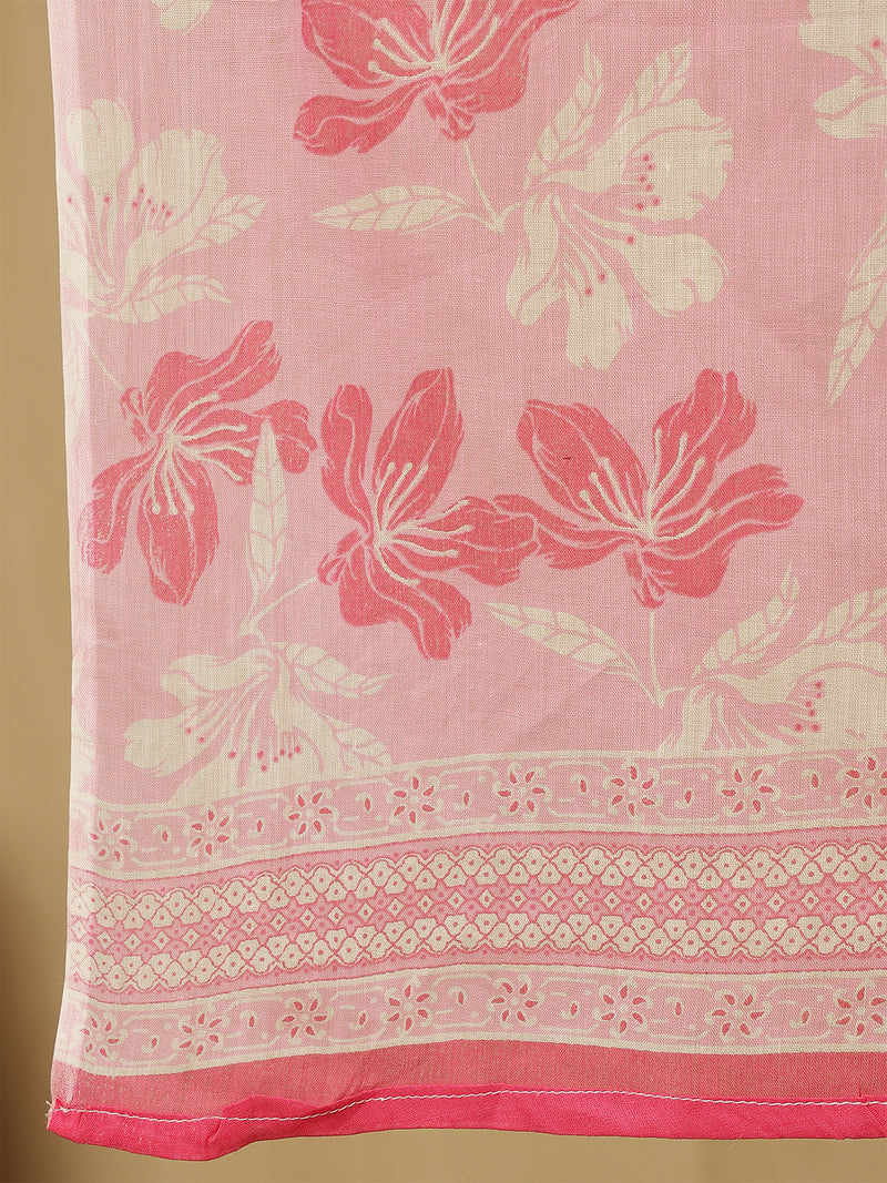 Women Pink Cotton Embroidery Kurta With Trouser & Dupatta
