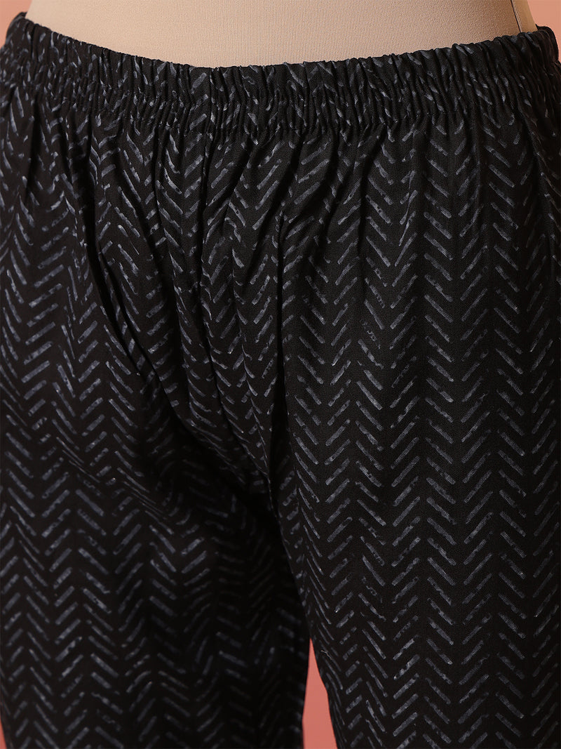 Women Black Cotton Yoke Design Kurta With Trouser & Dupatta