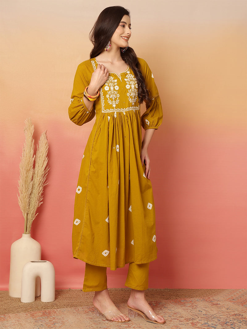 Women Cotton Mustard Embroidery Anarkali Kurta with Trouser & Dupatta