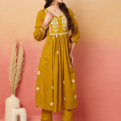 Women Cotton Mustard Embroidery Anarkali Kurta with Trouser & Dupatta