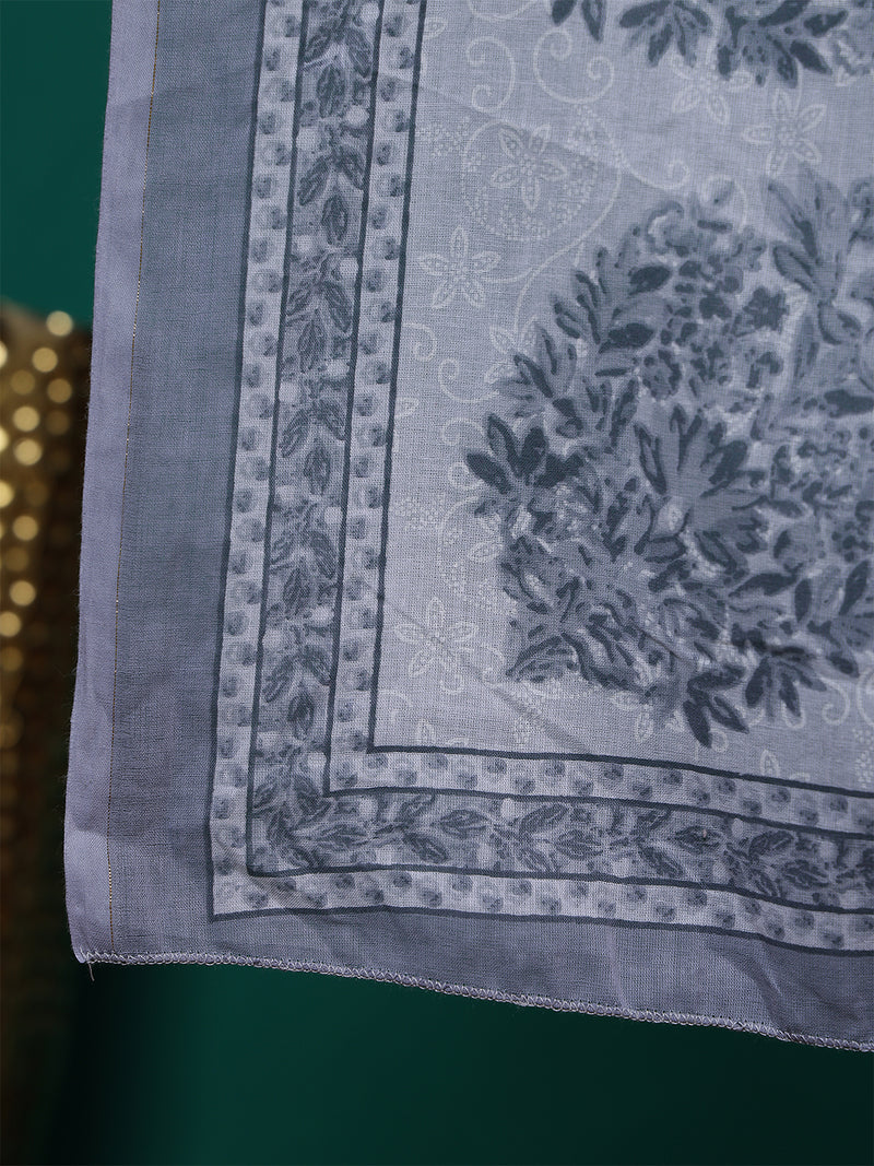 Women Pure Cotton White & Grey Printed Kurta with Trouser & Dupatta