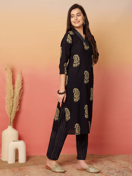 Women Black Cotton Printed V-neck Straight Kurta with Trouser & Dupatta