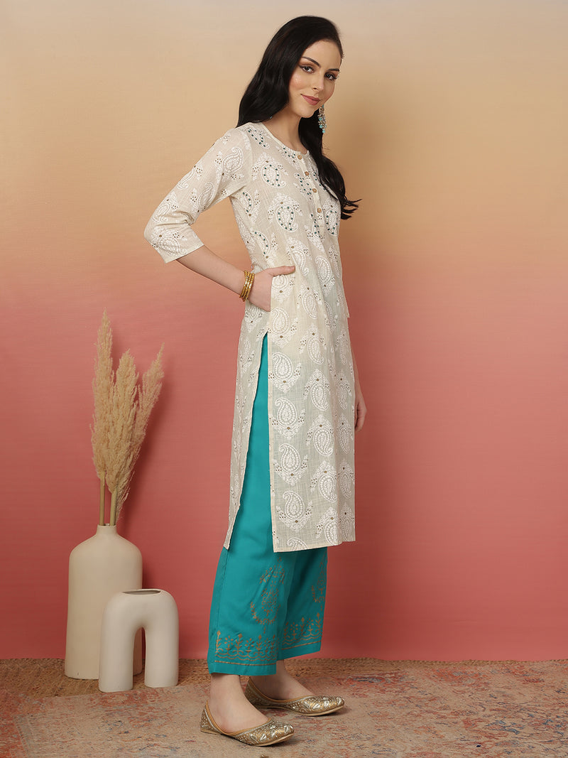 ANAISA Women Cotton Flex White Embroidery Kurta with Turquoise blue Palazzo with Dupatta