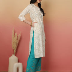 ANAISA Women Cotton Flex White Embroidery Kurta with Turquoise blue Palazzo with Dupatta
