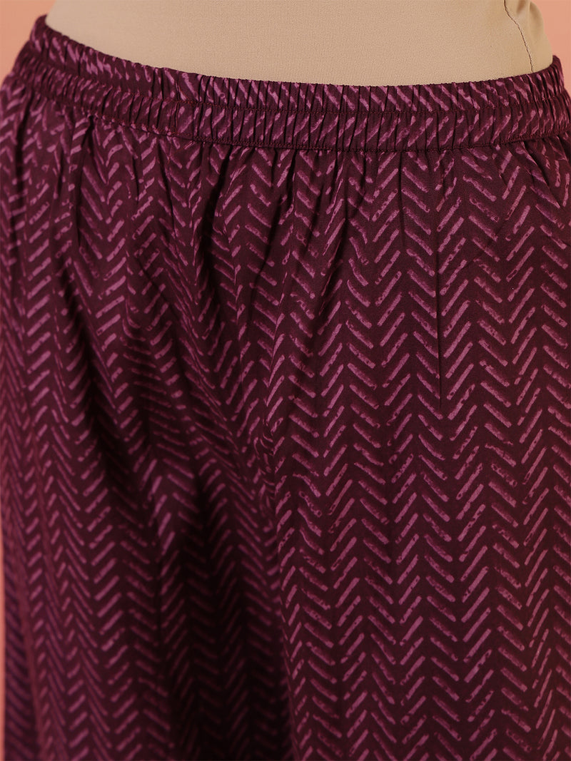 Women Purple Block Printed Front Slit Kurta With Palazzo Pant & Dupatta