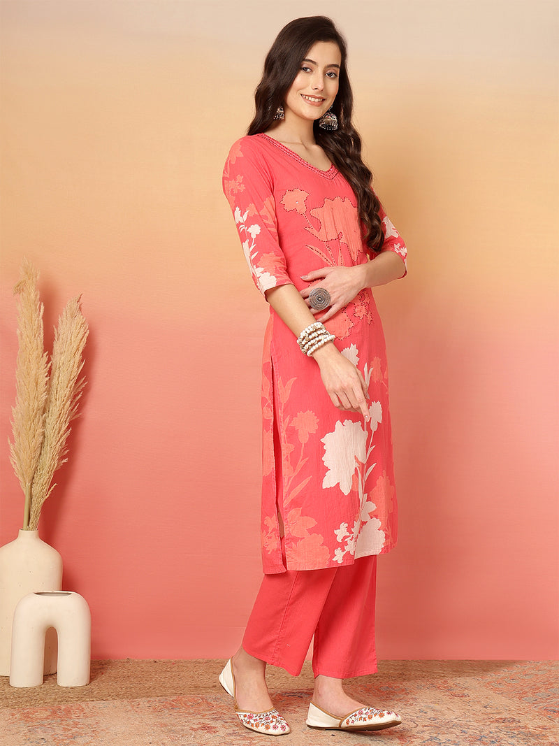 Women Cotton Printed Patch Work Kurta with Trouser & Dupatta
