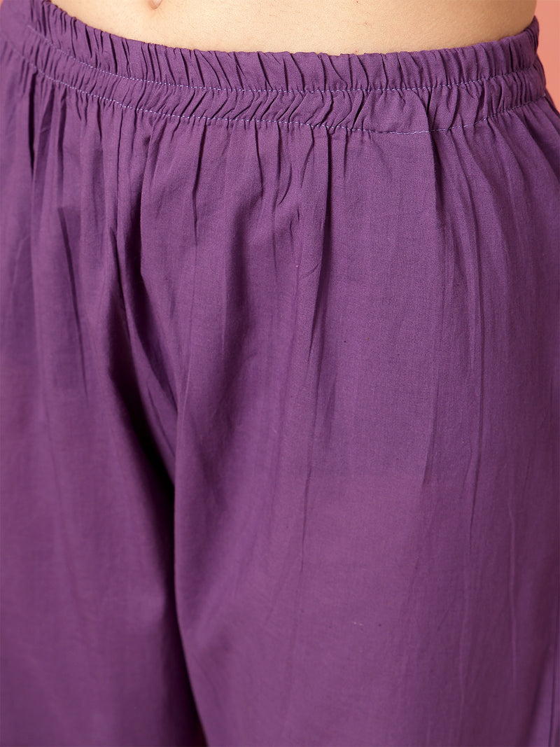 Women Cotton Purple Embroidery Anarkali Kurta with Trouser & Dupatta