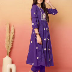 Women Cotton Purple Embroidery Anarkali Kurta with Trouser & Dupatta