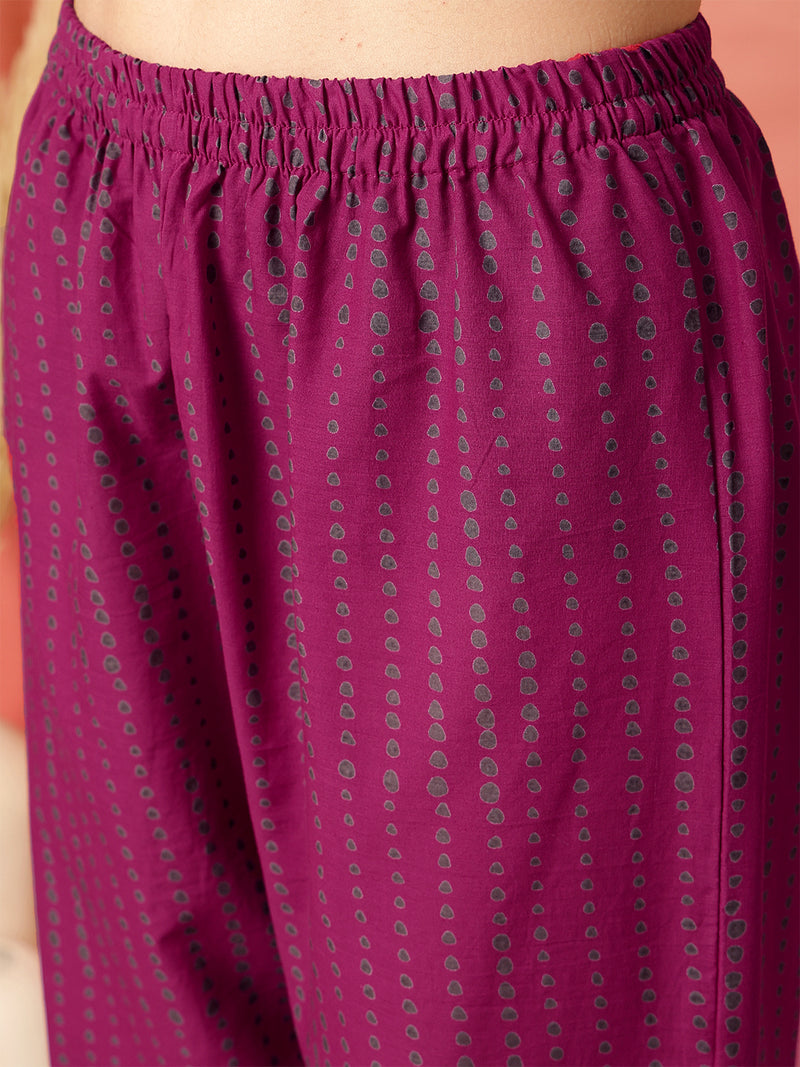 Women Pink Cotton Printed V-neck Straight Kurta with Trouser & Dupatta