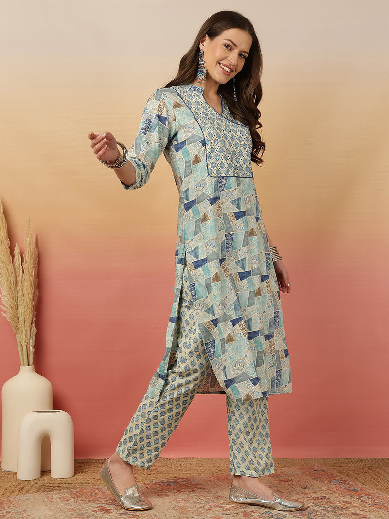 Women Blue Digital Printed V-neck Kurta with Trouser & Dupatta