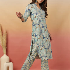 Women Blue Digital Printed V-neck Kurta with Trouser & Dupatta