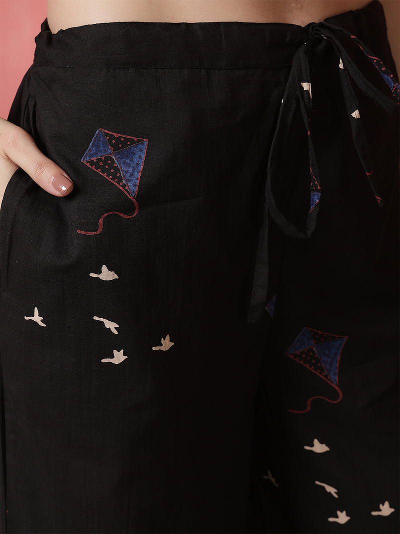 Women Black Pure Cotton Printed Top with Palazzo Co-ord Set