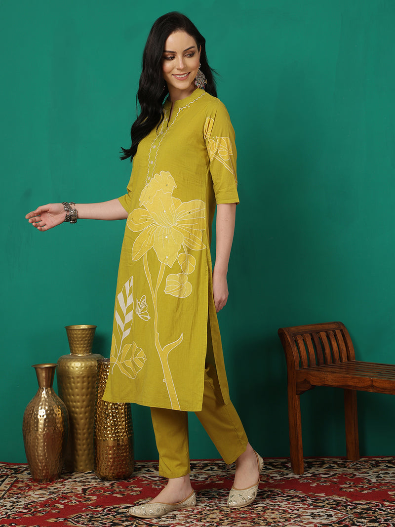 ANAISA Women Cotton Placement Print Straight Kurta with Trouser & Dupatta