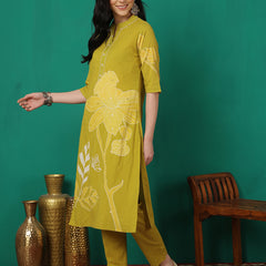 ANAISA Women Cotton Placement Print Straight Kurta with Trouser & Dupatta
