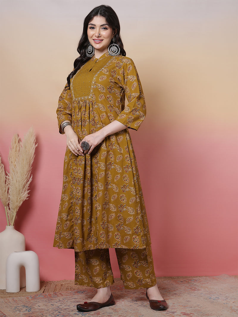 Women Green Floral Printed Hand Work Anarkali Kurta with Trouser & Dupatta