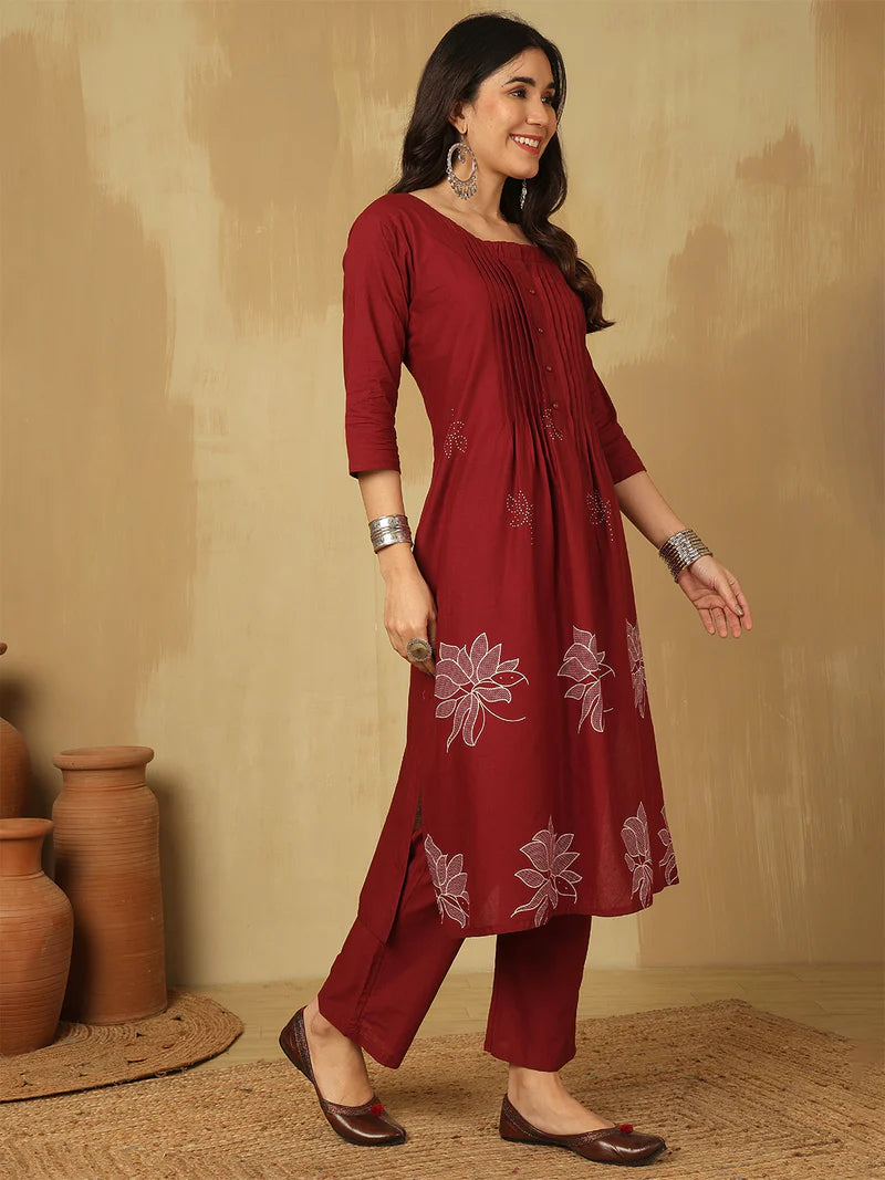 Women Cotton Discharge Printed A-line Kurta with Trouser & Dupatta