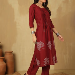 Women Cotton Discharge Printed A-line Kurta with Trouser & Dupatta