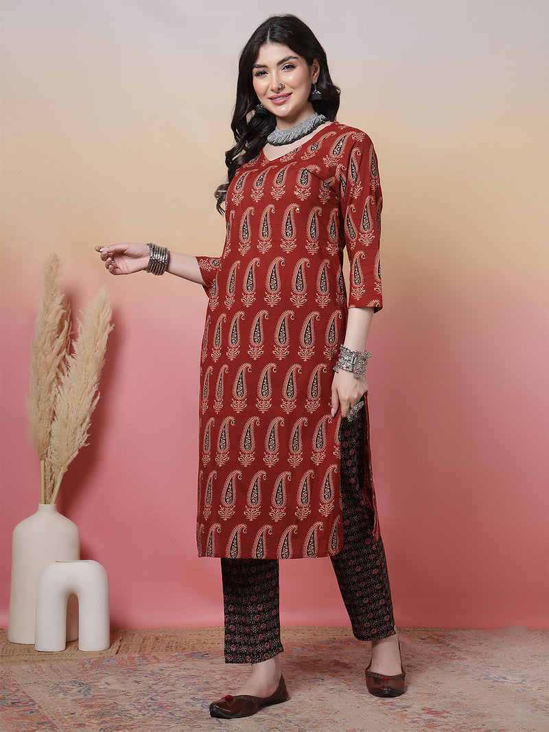 Women Black Block Printed Kurta with Trouser & Dupatta