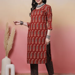 Women Black Block Printed Kurta with Trouser & Dupatta