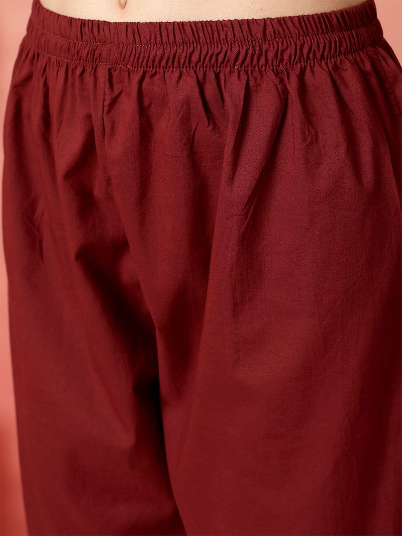 Women Cotton Maroon Embroidery Anarkali Kurta with Trouser & Dupatta