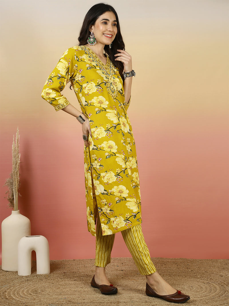 Women Yellow Floral Printed Yoke Embroidery V-neck Kurta with Trouser & Dupatta