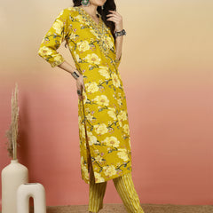 Women Yellow Floral Printed Yoke Embroidery V-neck Kurta with Trouser & Dupatta