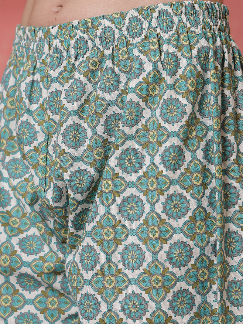 Women Green Cotton Flex Printed Top with Trouser Co-ord Set