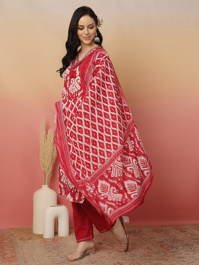 Sangira Women Cotton Printed V-neck, Straight Kurta with Trouser & Dupatta