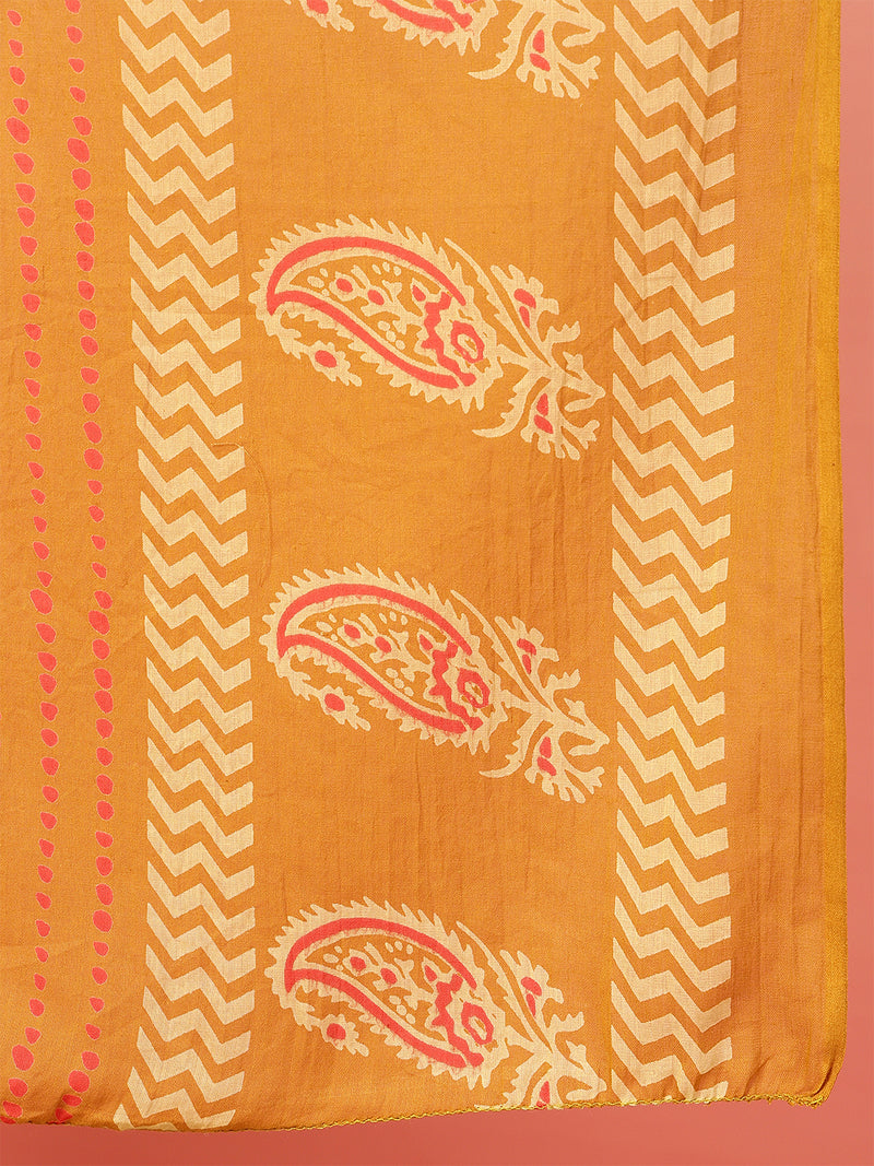 Women Mustard Cotton Printed V-neck Straight Kurta with Trouser & Dupatta