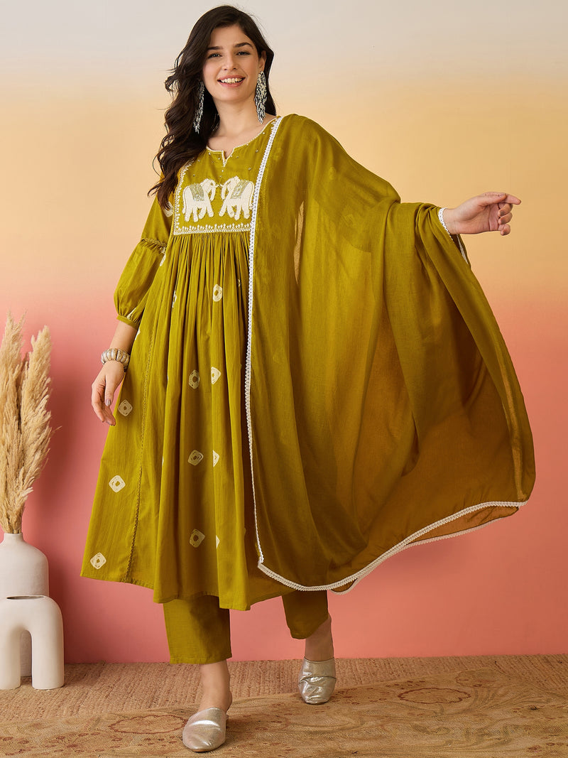 Women Mustard Pure Cotton Embroidery Yoke Anarkali Kurta with Trouser & Dupatta