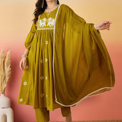 Women Mustard Pure Cotton Embroidery Yoke Anarkali Kurta with Trouser & Dupatta