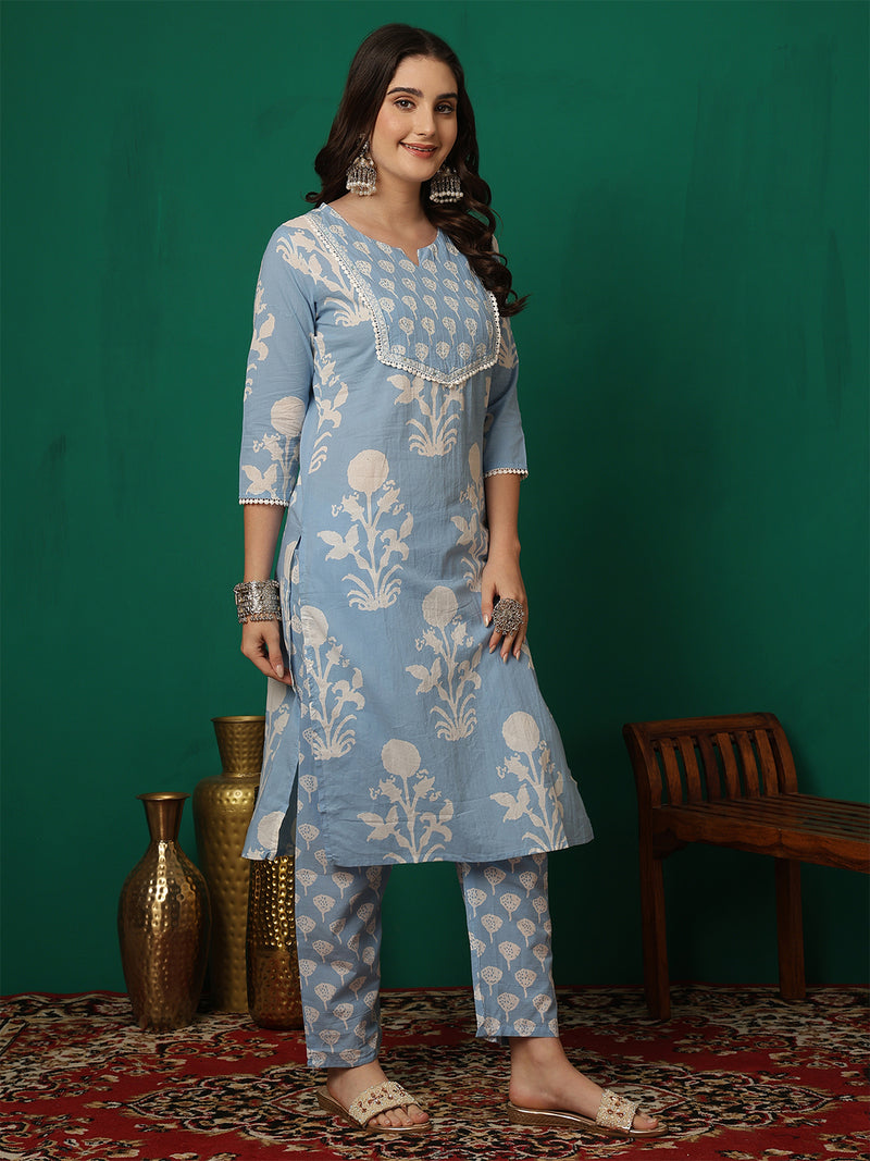 Women Iceblue Cotton Printed Round Neck Straight Kurta with Trouser & Dupatta