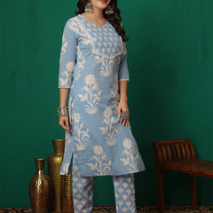 Women Iceblue Cotton Printed Round Neck Straight Kurta with Trouser & Dupatta