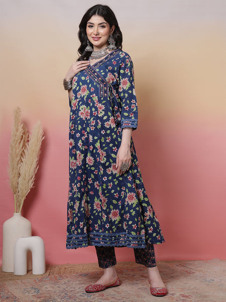 Women Blue Cotton Floral Printed Hand Work Anarkali Kurta with Trouser & Dupatta