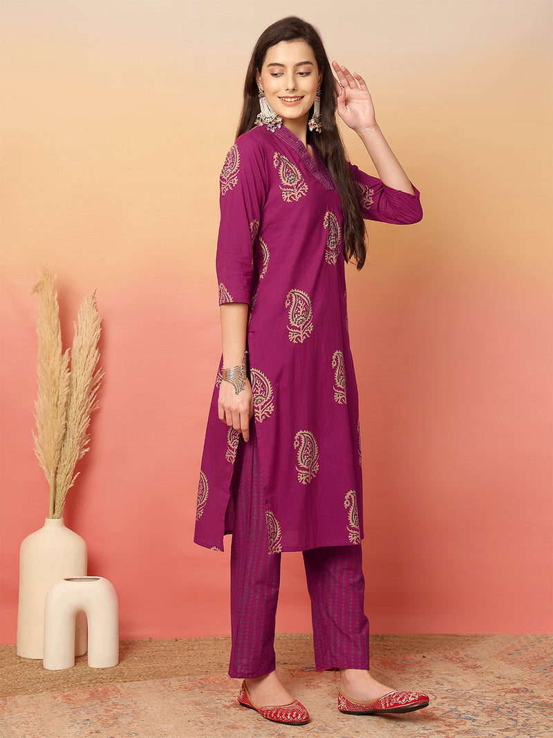 Women Pink Cotton Printed V-neck Straight Kurta with Trouser & Dupatta