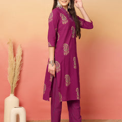Women Pink Cotton Printed V-neck Straight Kurta with Trouser & Dupatta