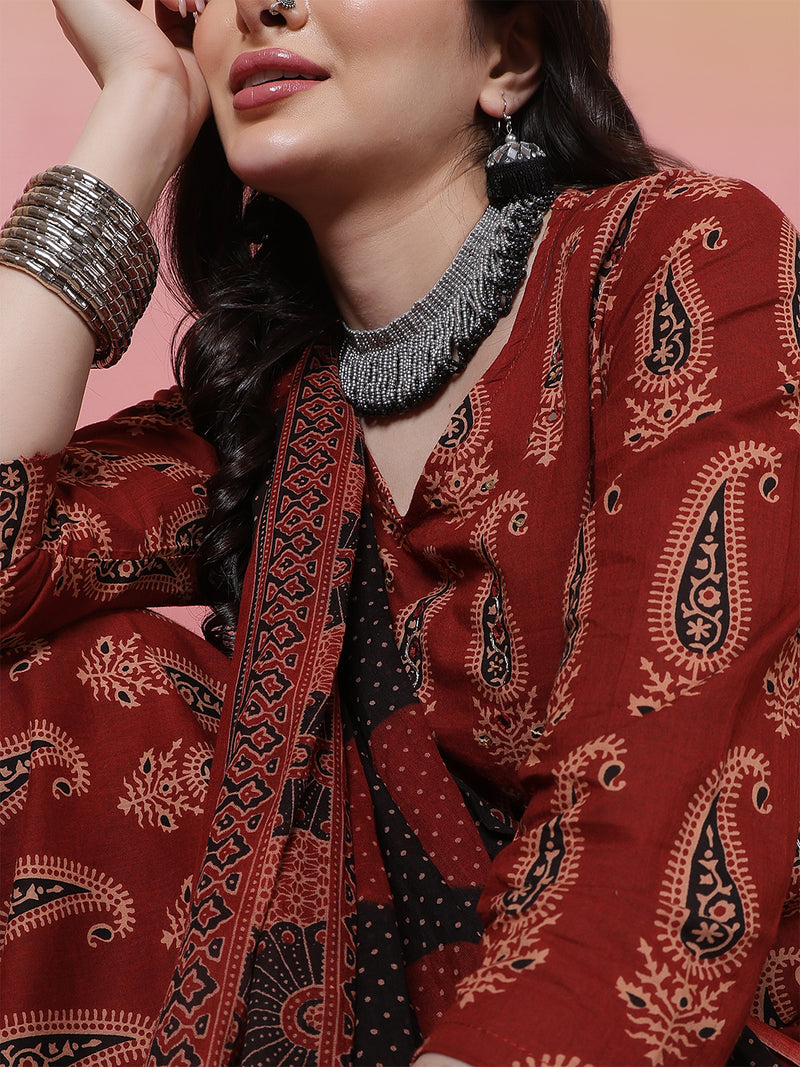 Women Black Block Printed Kurta with Trouser & Dupatta
