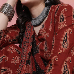 Women Black Block Printed Kurta with Trouser & Dupatta