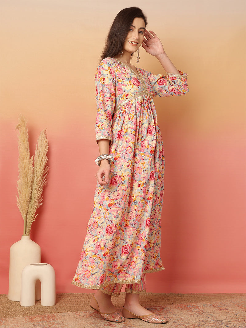 ANAISA Women Cotton Pink Color Printed Lace Work V-neck Anarkali Kurta with Pant & Dupatta