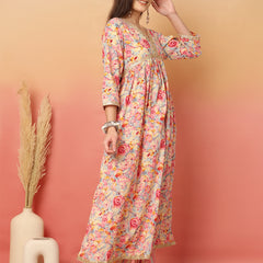 ANAISA Women Cotton Pink Color Printed Lace Work V-neck Anarkali Kurta with Pant & Dupatta