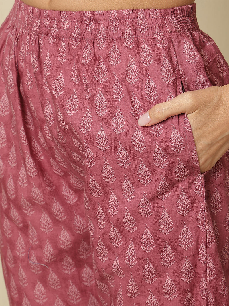 Women Cotton Printed Nayra Cut, Round Neck Kurta with Trouser & Dupatta