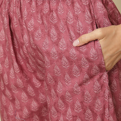 Women Cotton Printed Nayra Cut, Round Neck Kurta with Trouser & Dupatta