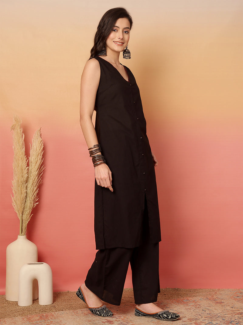 ANAISA Women Black Solid V-neck, Sleeveless, Calf Length Straight Fit Kurta with Palazzo & Dupatta