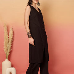 ANAISA Women Black Solid V-neck, Sleeveless, Calf Length Straight Fit Kurta with Palazzo & Dupatta