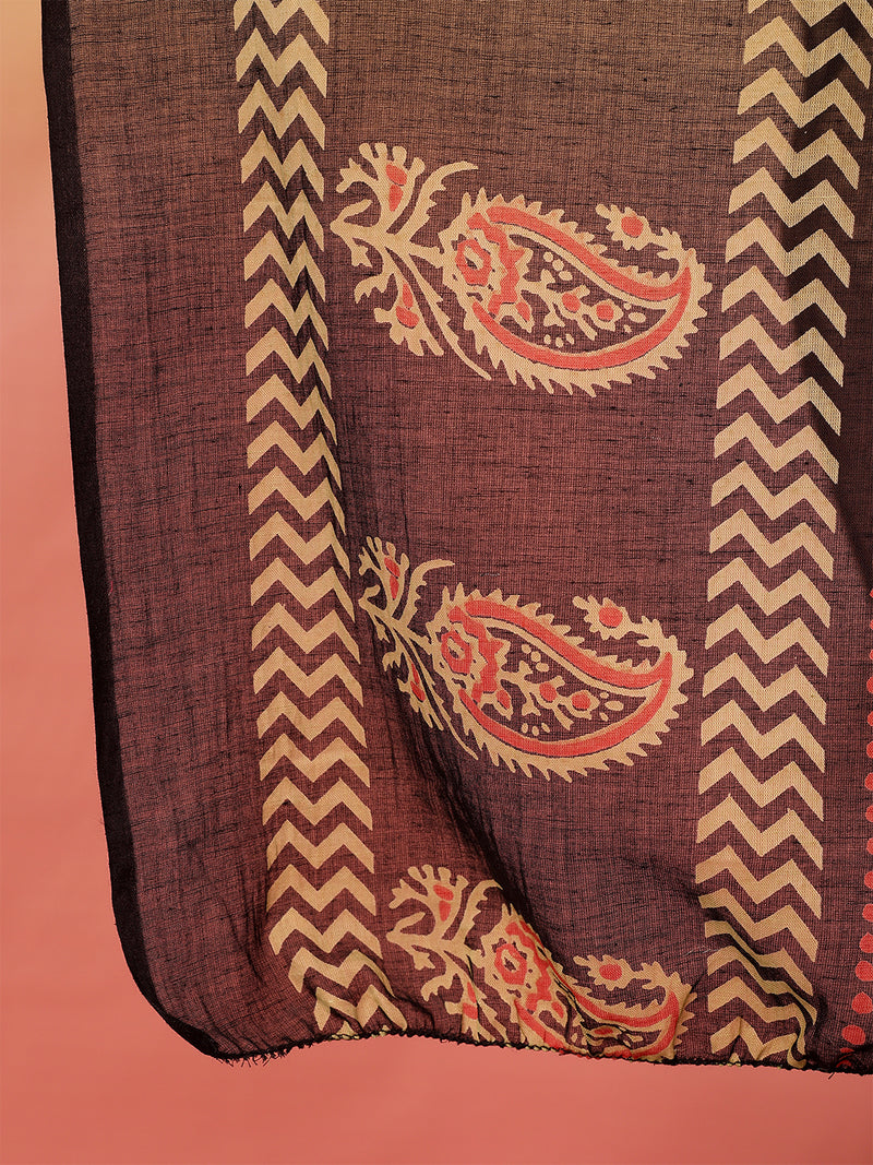 Women Brown Cotton Printed V-neck Straight Kurta with Trouser & Dupatta