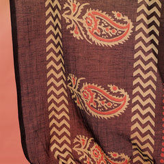Women Brown Cotton Printed V-neck Straight Kurta with Trouser & Dupatta