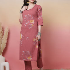 Women Coral Cotton Placement Printed Hand Work Kurta with Trouser & Dupatta