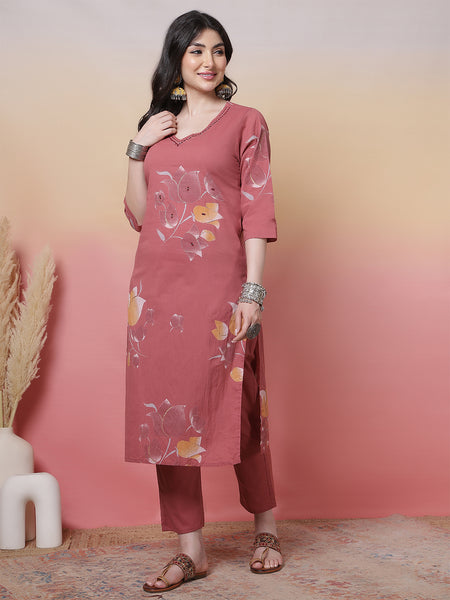 Women Coral Cotton Placement Printed Hand Work Kurta with Trouser & Dupatta