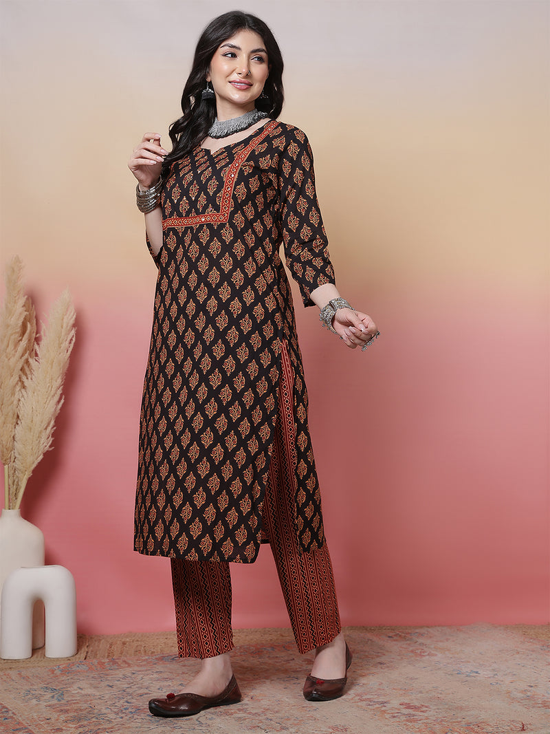Women Cotton Hand Block Printed Kurta with Trouser & Dupatta